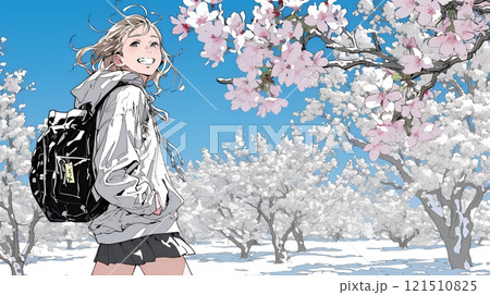 満開の桜の木の下を歩く若い女性