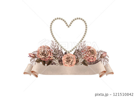 Watercolor bouquet of pink brown rose with a pearl heart, blank beige paper banner ribbon. Trendy mocha mousse palette. Botanical clipart for wedding, Valentine's Day, poster, postcard, women's card Watercolor bouquet of pink brown rose with a pearl heart, blank beige paper banner ribbon. Trendy mocha mousse palette. Botanical clipart for wedding, Valentine's Day, poster, postcard, women's card 121510842