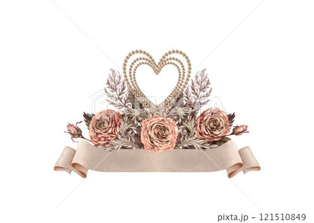 Watercolor bouquet of pink brown rose with a pearl heart, blank beige paper banner ribbon. Trendy mocha mousse palette. Botanical clipart for wedding, Valentine's Day, poster, postcard, women's card 121510849