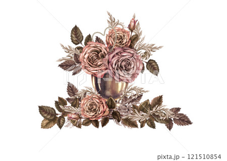 Triangular composition of roses in a bronze vase. Pink-brown color, fashionable mocha-mousse palette. Watercolor template for wedding, Valentine's Day, mother's day, poster, postcard, web design 121510854