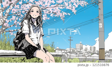 満開の桜の木下を歩く制服姿の女子高生