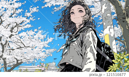 満開の桜の木下を歩く制服姿の女子高生