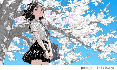 満開の桜の木下を歩く制服姿の女子高生