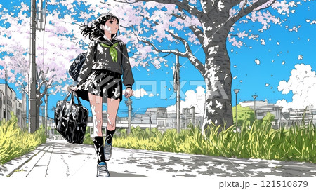 満開の桜の木下を歩く制服姿の女子高生