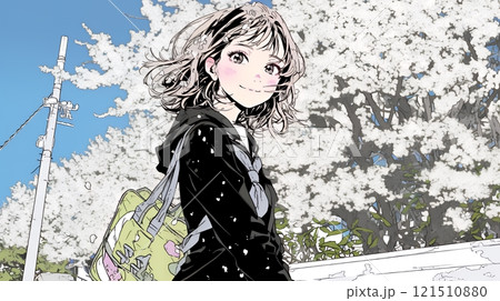 満開の桜の木下を歩く制服姿の女子高生