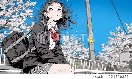 満開の桜の木下を歩く制服姿の女子高生