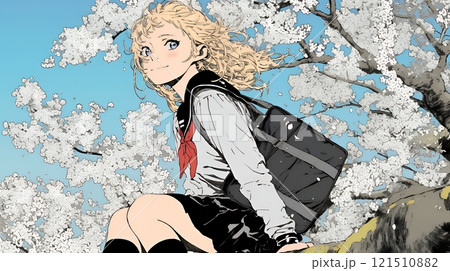 満開の桜の木下を歩く制服姿の女子高生