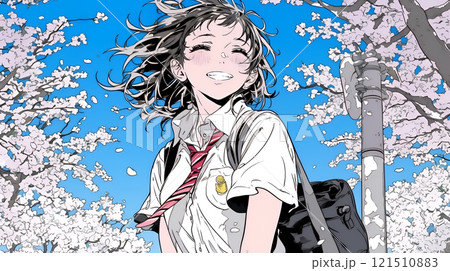 満開の桜の木下を歩く制服姿の女子高生
