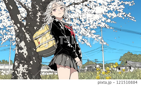 満開の桜の木下を歩く制服姿の女子高生