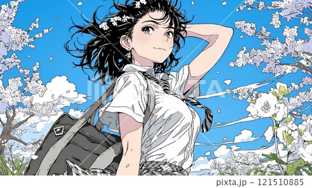 満開の桜の木下を歩く制服姿の女子高生