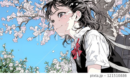 満開の桜の木下を歩く制服姿の女子高生