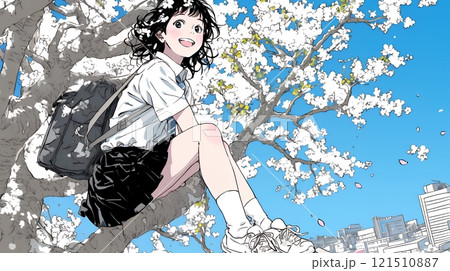 満開の桜の木下を歩く制服姿の女子高生