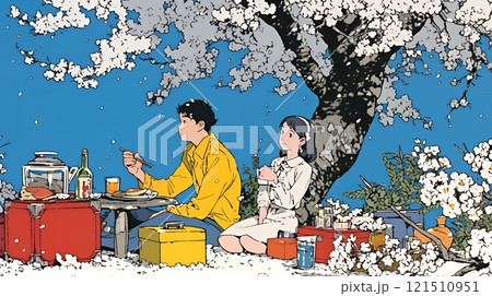 満開の桜の下で仲間たちと花見宴会