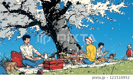 満開の桜の下で仲間たちと花見宴会