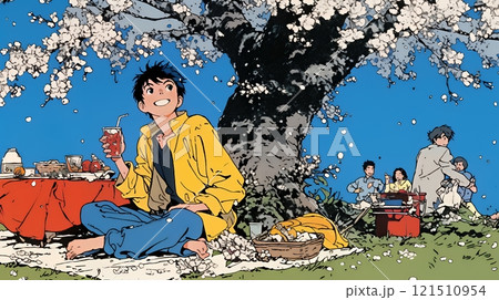 満開の桜の下で仲間たちと花見宴会