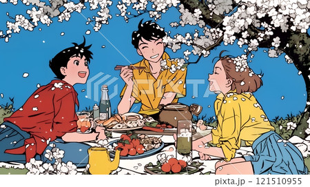 満開の桜の下で仲間たちと花見宴会