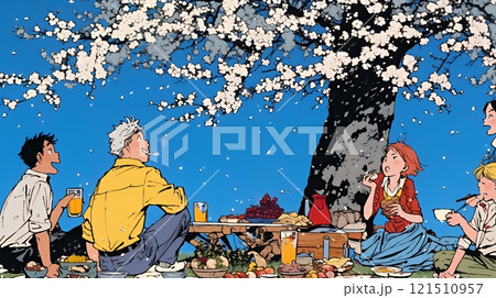 満開の桜の下で仲間たちと花見宴会