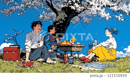 満開の桜の下で仲間たちと花見宴会