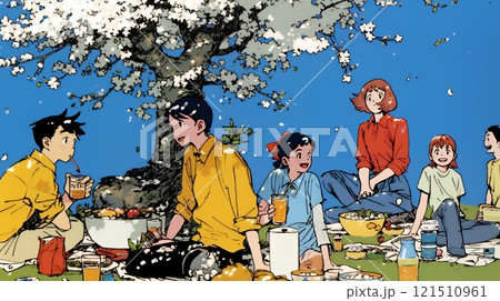 満開の桜の下で仲間たちと花見宴会