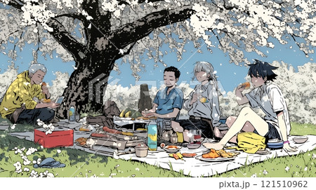 満開の桜の下で仲間たちと花見宴会