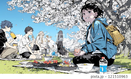 満開の桜の下で仲間たちと花見宴会