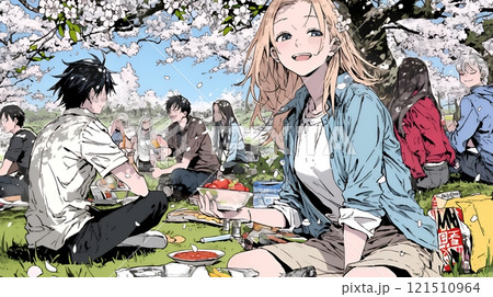 満開の桜の下で仲間たちと花見宴会