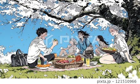 満開の桜の下で仲間たちと花見宴会