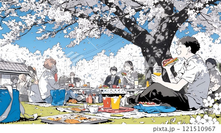 満開の桜の下で仲間たちと花見宴会