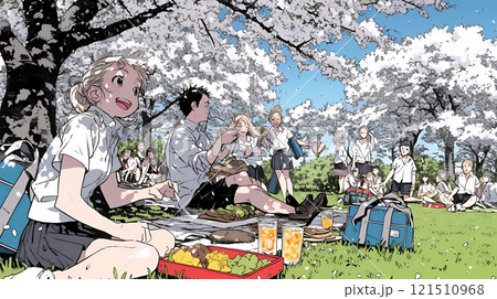 満開の桜の下で仲間たちと花見宴会