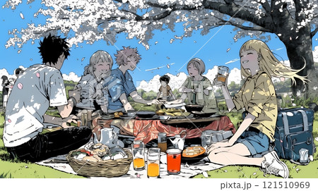 満開の桜の下で仲間たちと花見宴会