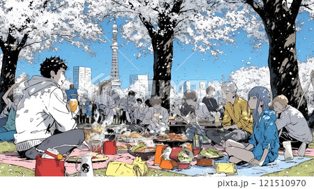 満開の桜の下で仲間たちと花見宴会