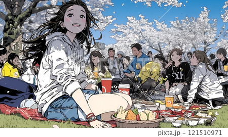 満開の桜の下で仲間たちと花見宴会