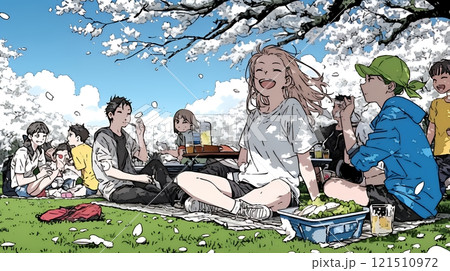 満開の桜の下で仲間たちと花見宴会