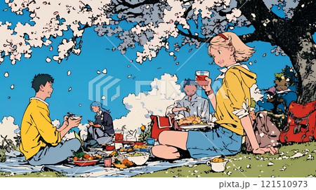満開の桜の下で仲間たちと花見宴会