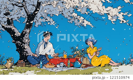 満開の桜の下で仲間たちと花見宴会
