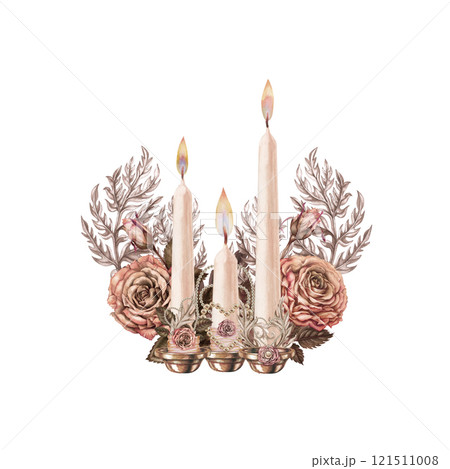Vintage bouquet of candlesticks, candles with a burning flame, decorated with pink and brown roses with a heart in a delicate palette of mocha mousse. Watercolor template for wedding, Valentine's Vintage bouquet of candlesticks, candles with a burning flame, decorated with pink and brown roses with a heart in a delicate palette of mocha mousse. Watercolor template for wedding, Valentine's 121511008