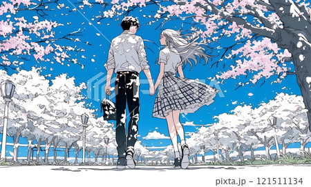 満開の桜の木の下でデートをしている若い男女のカップル