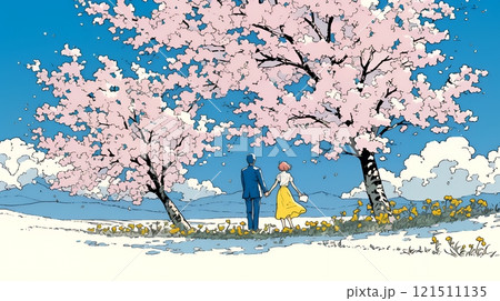 満開の桜の木の下でデートをしている若い男女のカップル