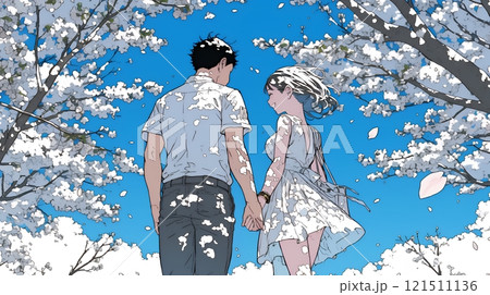 満開の桜の木の下でデートをしている若い男女のカップル