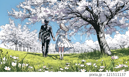 満開の桜の木の下でデートをしている若い男女のカップル
