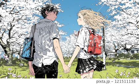 満開の桜の木の下でデートをしている若い男女のカップル