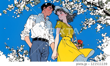 満開の桜の木の下でデートをしている若い男女のカップル