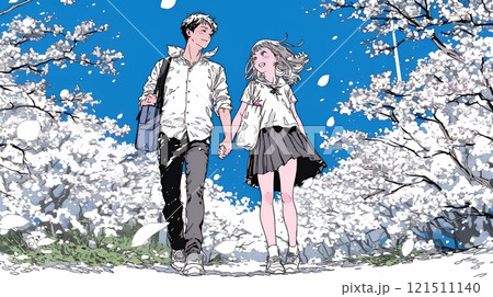 満開の桜の木の下でデートをしている若い男女のカップル