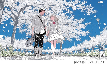 満開の桜の木の下でデートをしている若い男女のカップル