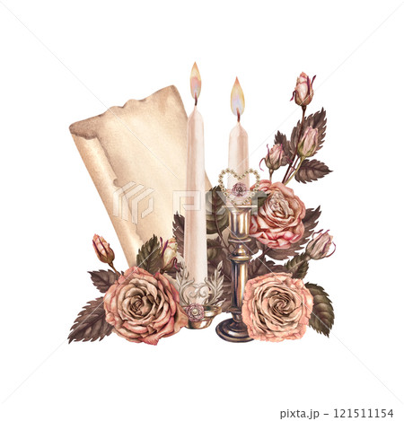Vintage bouquet of candlesticks, candles, rolled sheet of old paper, decorated with pink-brown roses with a pearl heart. Delicate mocha mousse palette. Watercolor template for wedding, Valentine's Day Vintage bouquet of candlesticks, candles, rolled sheet of old paper, decorated with pink-brown roses with a pearl heart. Delicate mocha mousse palette. Watercolor template for wedding, Valentine's Day 121511154