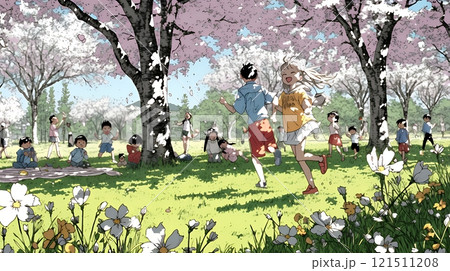 満開の桜の木の下で遊ぶ子供たち