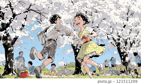 満開の桜の木の下で遊ぶ子供たち