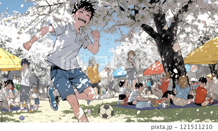 満開の桜の木の下で遊ぶ子供たち