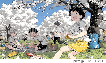 満開の桜の木の下で遊ぶ子供たち