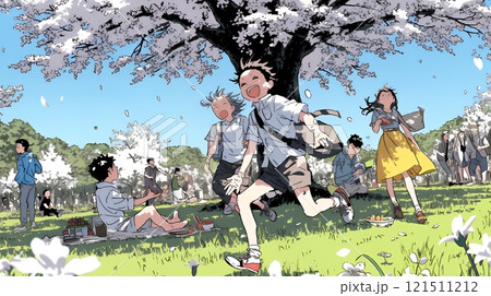 満開の桜の木の下で遊ぶ子供たち